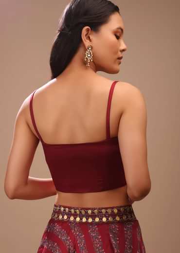 Deep Red Blouse In Satin With Front Zip Closure, Strap Sleeves And Corset Neckline