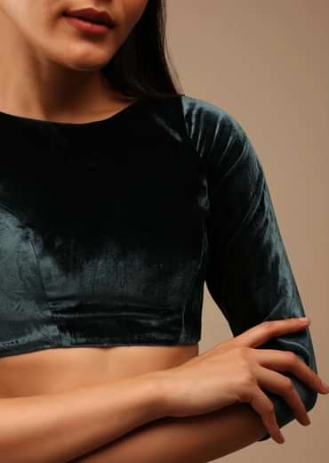 Deep Teal Blue Blouse In Velvet With Three Quarter Sleeves And Round Neckline