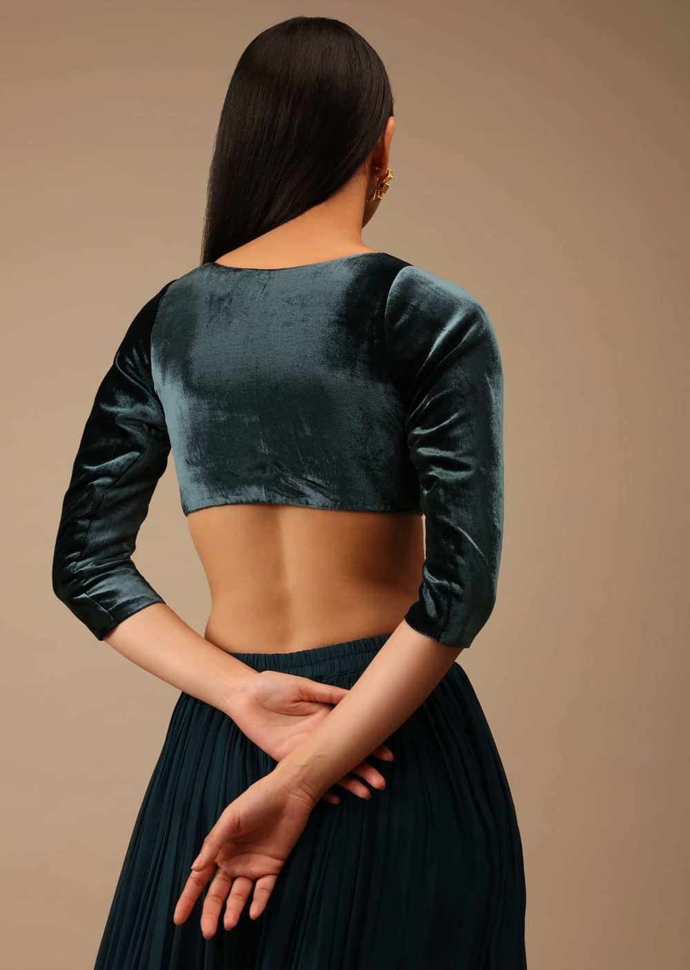 Deep Teal Blue Blouse In Velvet With Three Quarter Sleeves And Round Neckline