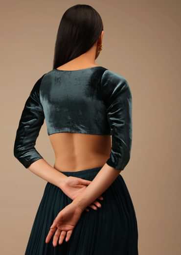 Deep Teal Blue Blouse In Velvet With Three Quarter Sleeves And Round Neckline
