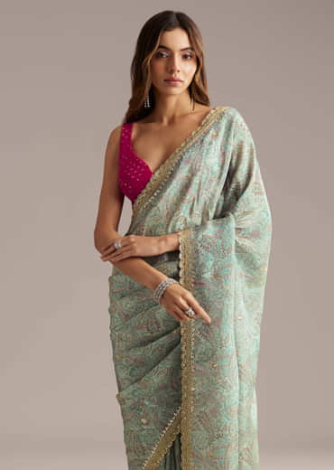 Dusky Blue Jacquard Saree With Mirror And Cutdana Embroidery