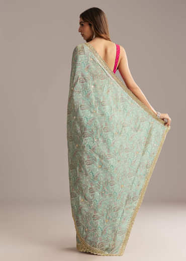 Dusky Blue Jacquard Saree With Mirror And Cutdana Embroidery