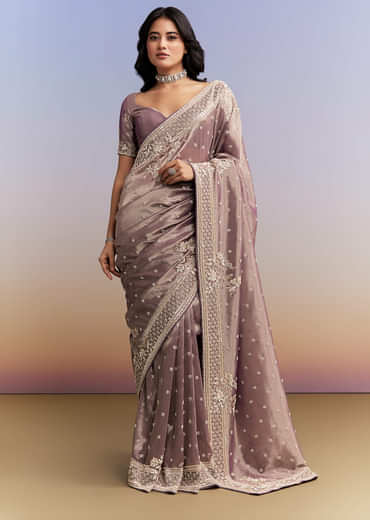 Dusky Lavender Tissue Silk Saree With Heavy Hand Embroidery