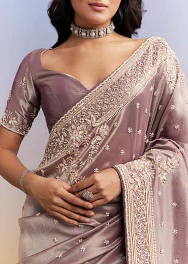 Dusky Lavender Tissue Silk Saree With Heavy Hand Embroidery