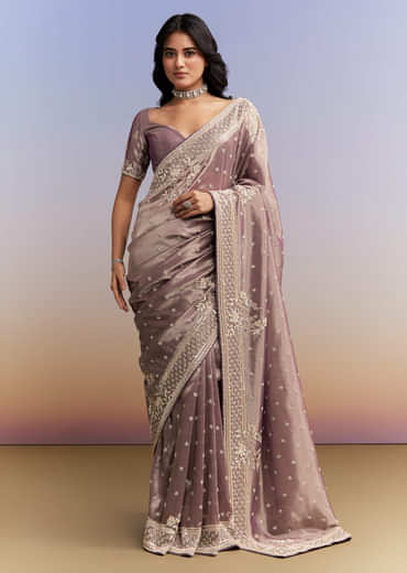 Dusky Lavender Tissue Silk Saree With Heavy Hand Embroidery