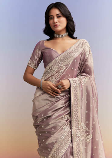 Dusky Lavender Tissue Silk Saree With Heavy Hand Embroidery
