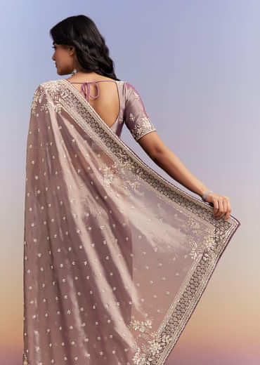 Dusky Lavender Tissue Silk Saree With Heavy Hand Embroidery