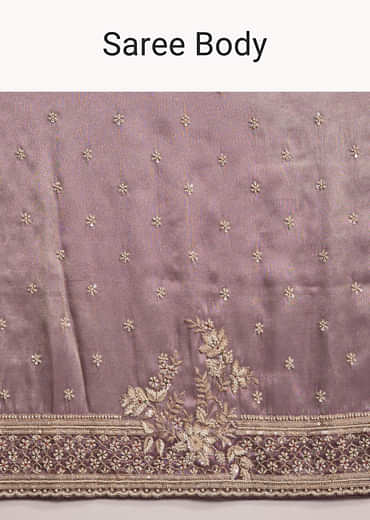 Dusky Lavender Tissue Silk Saree With Heavy Hand Embroidery