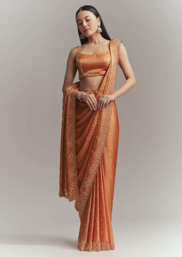 Dusky Orange Chinon Embroidered Saree With Embroidery