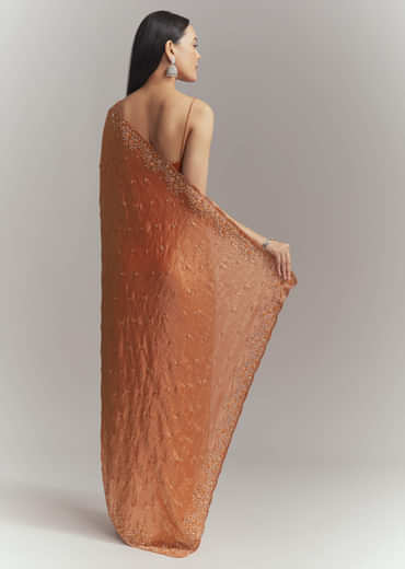 Dusky Orange Chinon Embroidered Saree With Embroidery