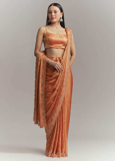 Dusky Orange Chinon Embroidered Saree With Embroidery
