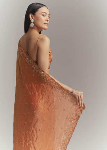 Dusky Orange Chinon Embroidered Saree With Embroidery