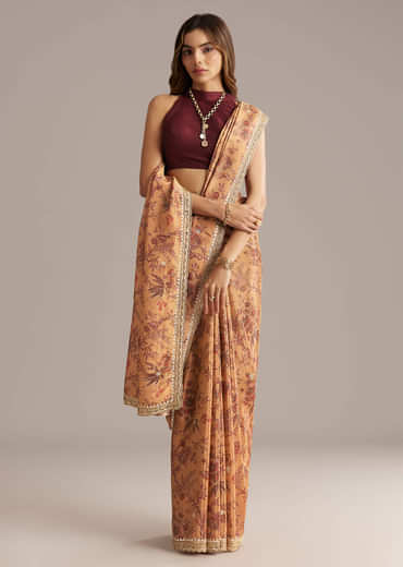 Dusky Orange Jacquard Saree With Mirror And Sequin Embroidery