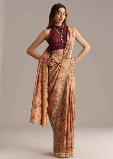 Dusky Orange Jacquard Saree With Mirror And Sequin Embroidery