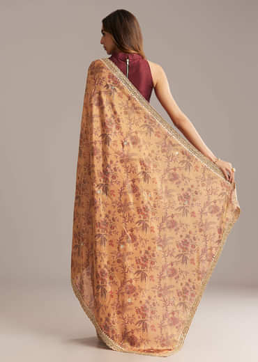 Dusky Orange Jacquard Saree With Mirror And Sequin Embroidery