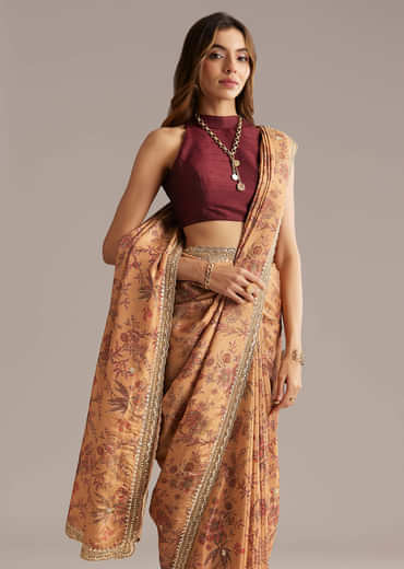 Dusky Orange Jacquard Saree With Mirror And Sequin Embroidery