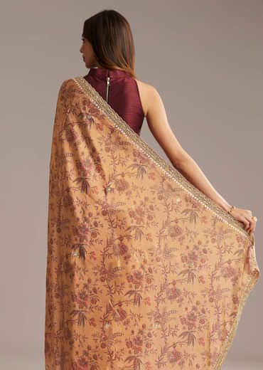 Dusky Orange Jacquard Saree With Mirror And Sequin Embroidery