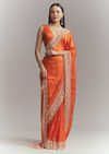 Dusky Orange Satin Embroidered Saree With Heavy Hand Embroidery