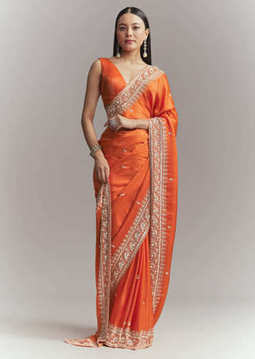 Dusky Orange Satin Embroidered Saree With Heavy Hand Embroidery