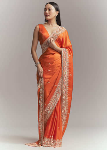 Dusky Orange Satin Embroidered Saree With Heavy Hand Embroidery