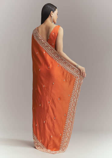 Dusky Orange Satin Embroidered Saree With Heavy Hand Embroidery