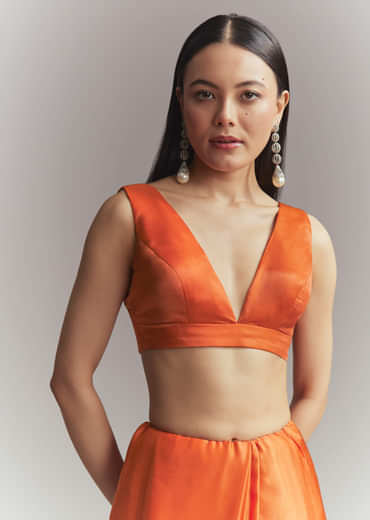 Dusky Orange Satin Embroidered Saree With Heavy Hand Embroidery