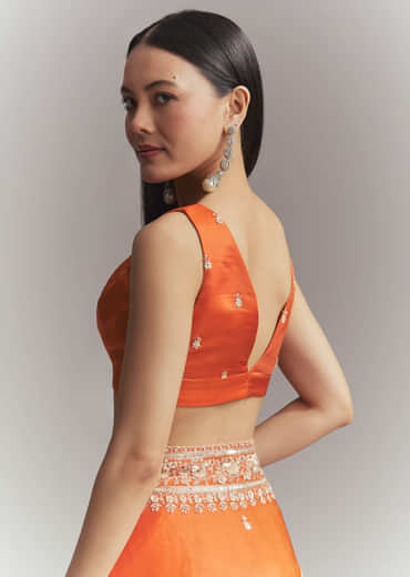 Dusky Orange Satin Embroidered Saree With Heavy Hand Embroidery