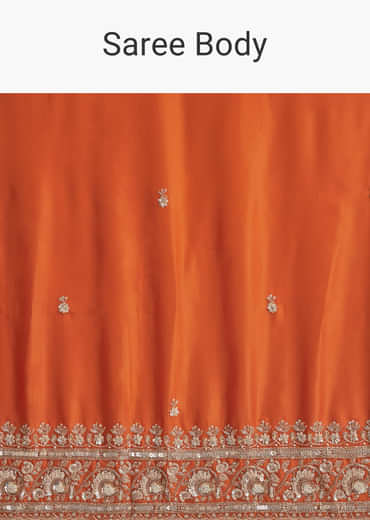 Dusky Orange Satin Embroidered Saree With Heavy Hand Embroidery