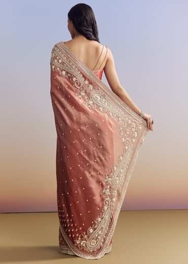 Dusky Orange Tissue Saree With Dense Embroidery