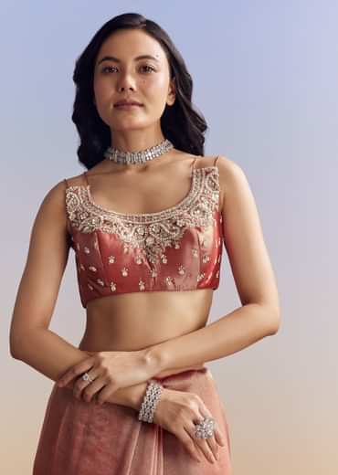 Dusky Orange Tissue Saree With Dense Embroidery