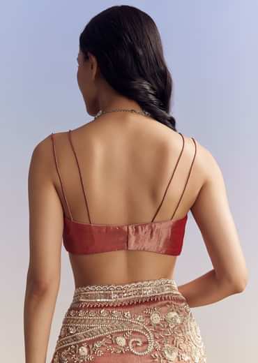 Dusky Orange Tissue Saree With Dense Embroidery