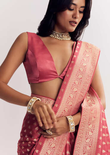 Dusky Pink Silk Saree With Butti And Woven Border