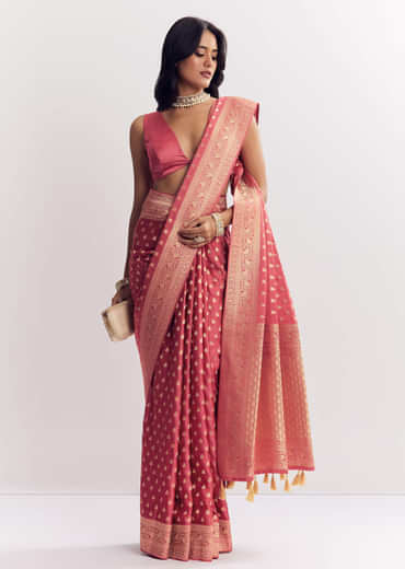 Dusky Pink Silk Saree With Butti And Woven Border