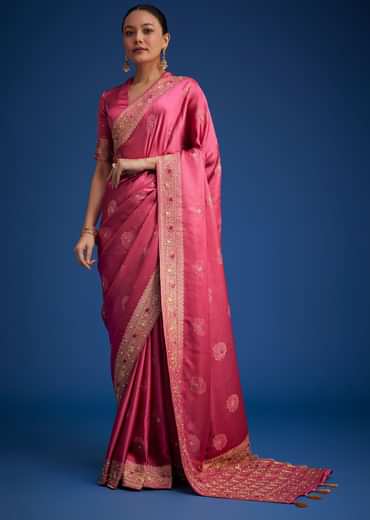 Dusky Orange Dola Silk Saree With Embroidered Border And Pallu