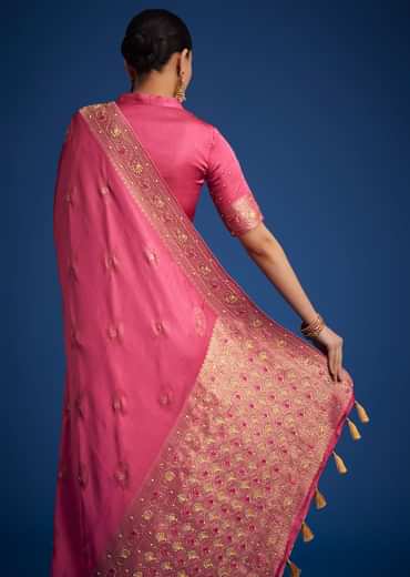 Dusky Orange Dola Silk Saree With Embroidered Border And Pallu