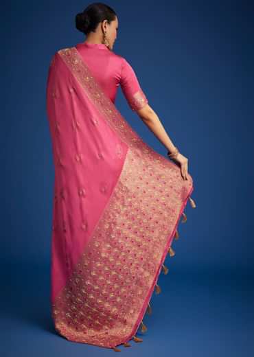 Dusky Orange Dola Silk Saree With Embroidered Border And Pallu