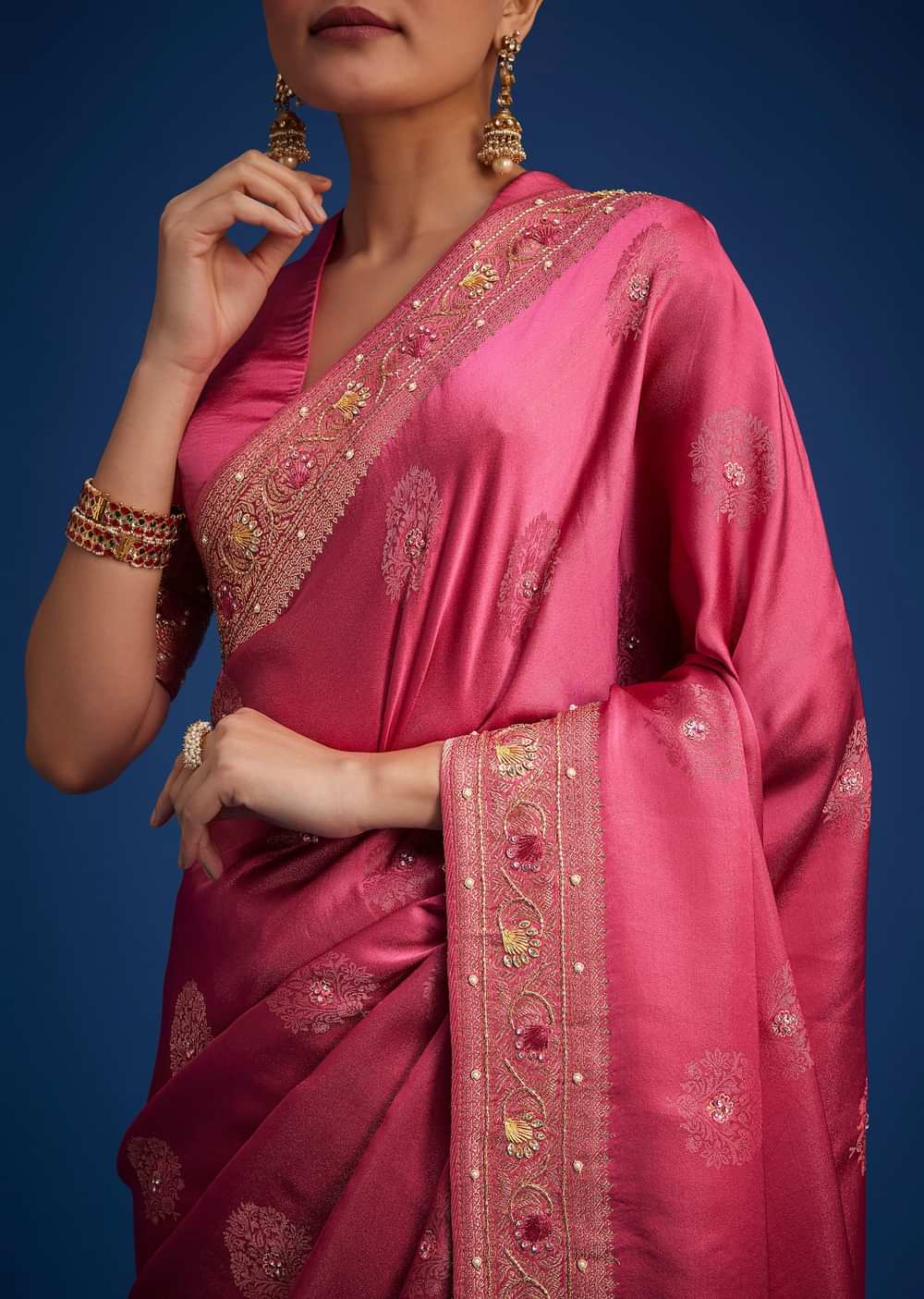 Dusky Orange Dola Silk Saree With Embroidered Border And Pallu