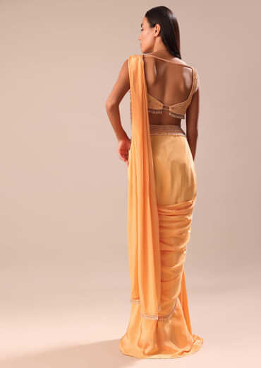 Dusky Peach Pre Stitched Saree With Embroidered Blouse