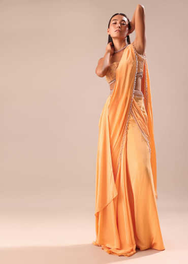 Dusky Peach Pre Stitched Saree With Embroidered Blouse