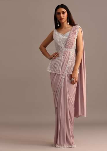 Dusky Pink Ready Pleated Saree With Embroidered Blouse