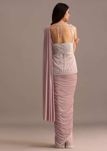 Dusky Pink Ready Pleated Saree With Embroidered Blouse