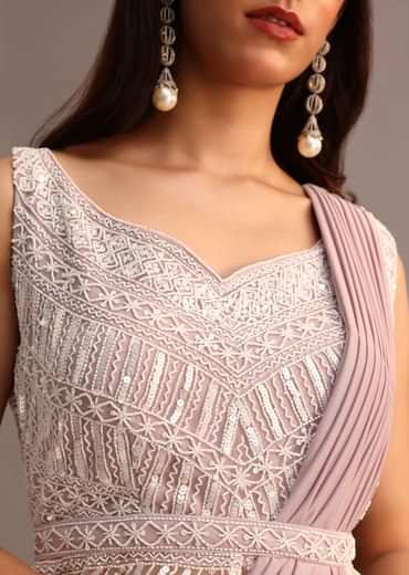 Dusky Pink Ready Pleated Saree With Embroidered Blouse
