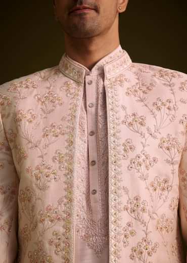 Cream Embroidered Sherwani With Thread And Sequin Work
