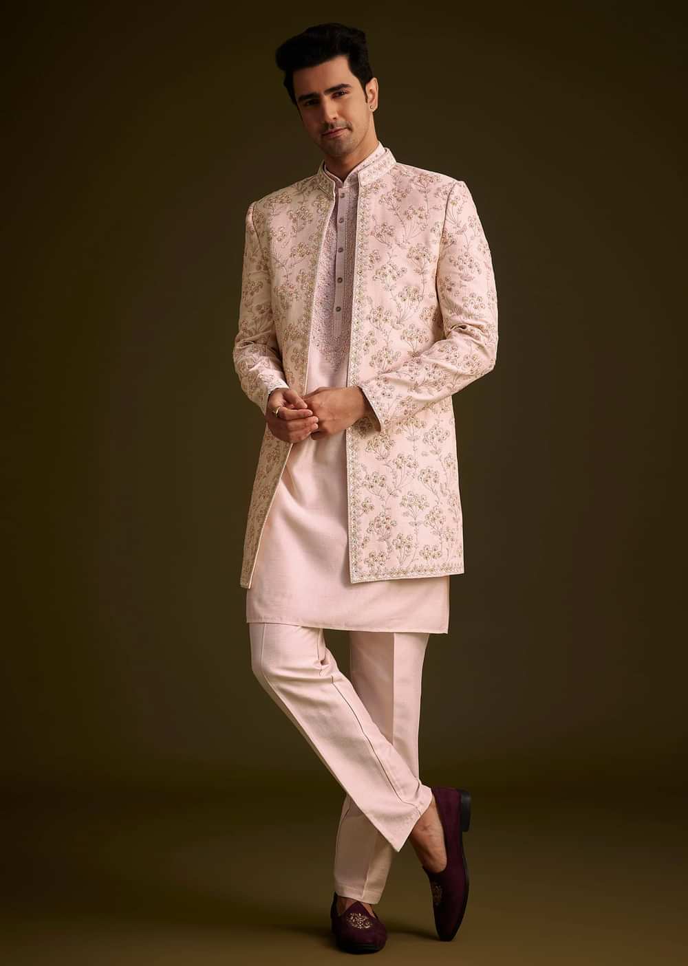 Cream Embroidered Sherwani With Thread And Sequin Work
