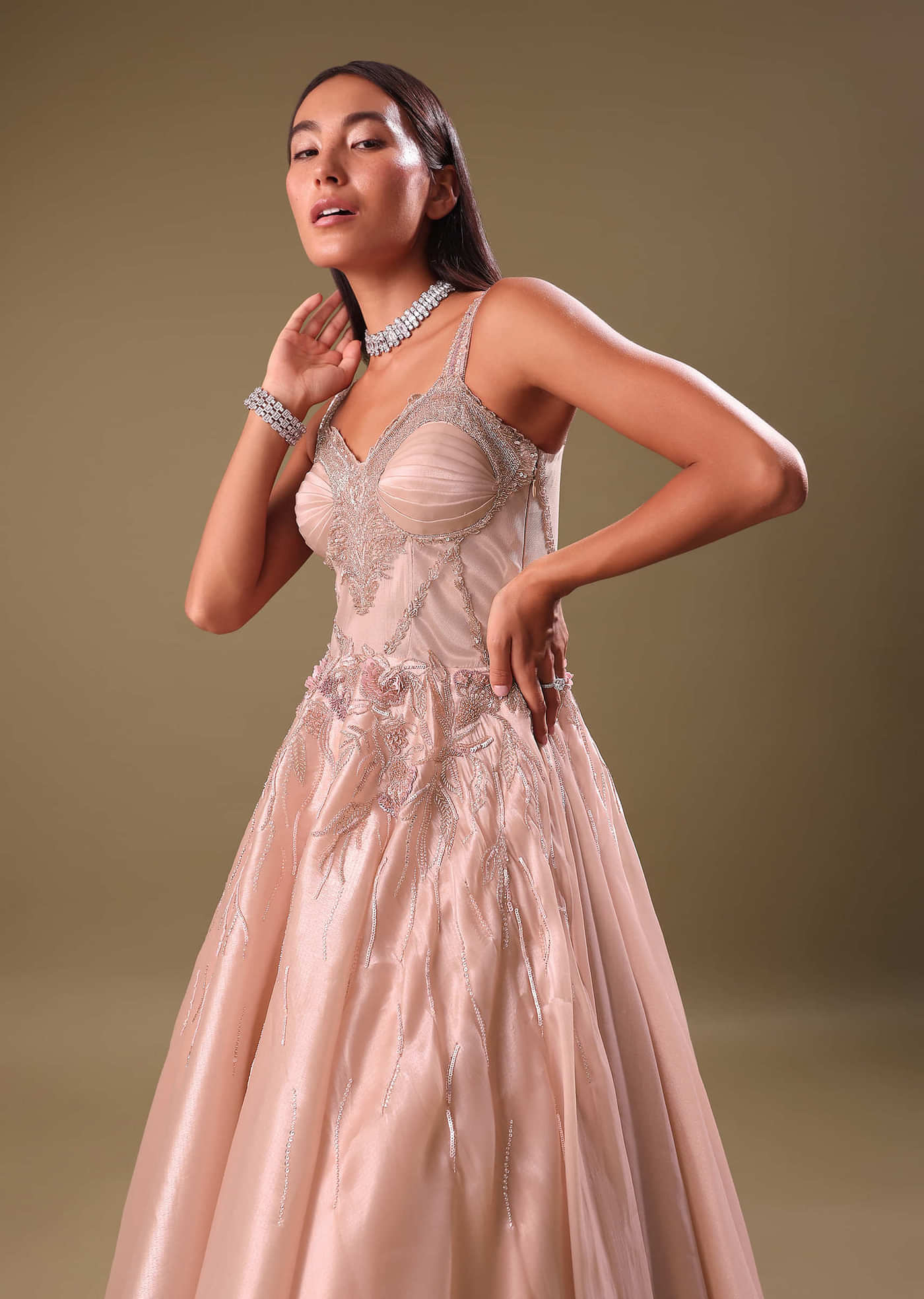 Dust Pink Hand Embroidered Organza Gown