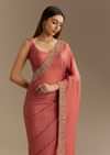 Rust Brown Crushed Tissue Saree With Scallop Border And Stone Embroidery