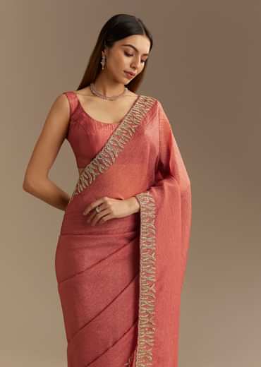 Rust Brown Crushed Tissue Saree With Scallop Border And Stone Embroidery