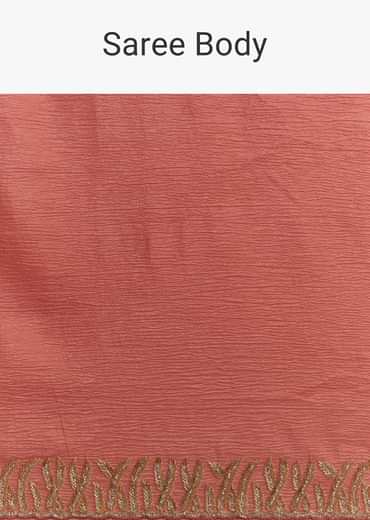 Rust Brown Crushed Tissue Saree With Scallop Border And Stone Embroidery