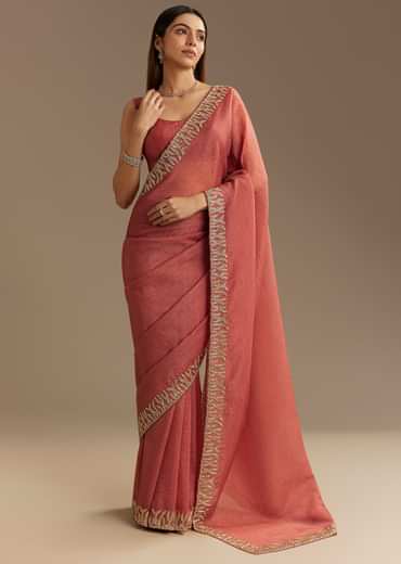 Rust Brown Crushed Tissue Saree With Scallop Border And Stone Embroidery