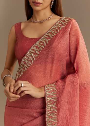 Rust Brown Crushed Tissue Saree With Scallop Border And Stone Embroidery